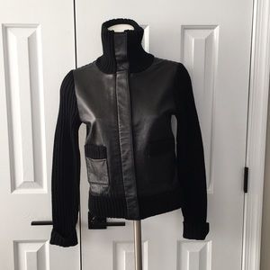 Context black funnel neck real leather n knit snap up cardigan sweater NWOT